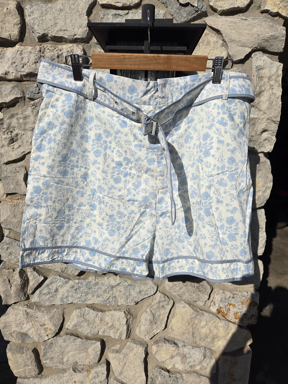 High-Waist Light Blue Floral Belted Women’s Shorts